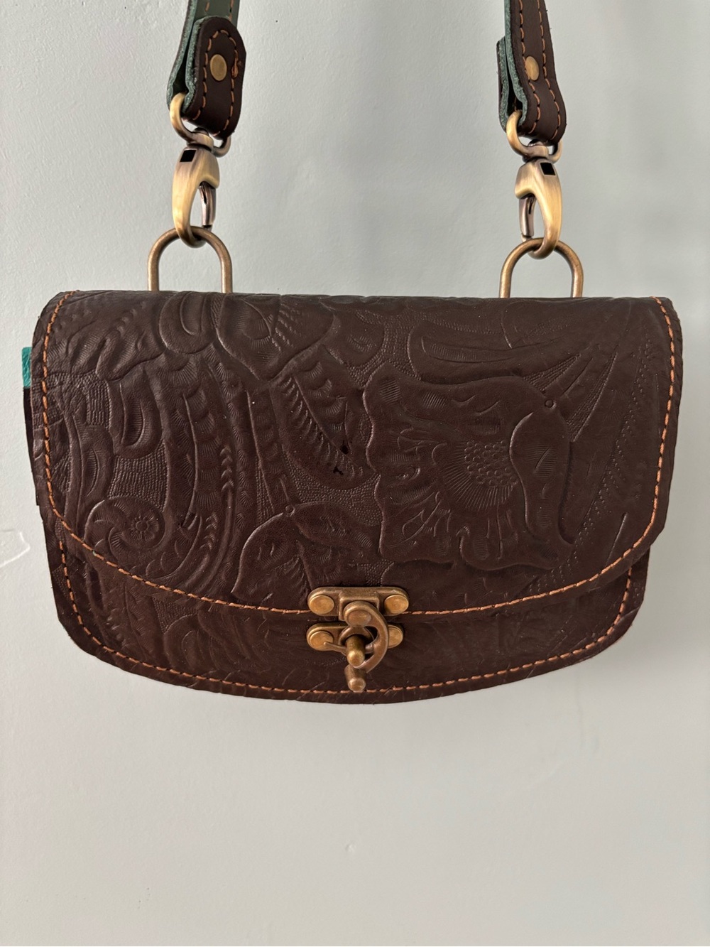 Handmade Classic Embossed Brown Real Leather Crossbody Purse